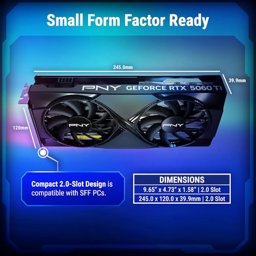 Image of PNY NVIDIA GeForce RTX 5060 Ti OC Dual Fan, Graphics Card (8GB GDDR7, 128-bit, Boost Speed: 2692 MHz, SFF-Ready, PCIe 5.0, HDMI /DP 2.1, 2-Slot, NVIDIA Blackwell Architecture, DLSS 4)