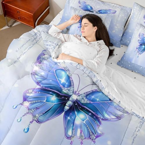 Image of Feelyou Butterfly Comforter Set with Sheets 7 Piece King Size Dreamy Princess Bedding Set for Kids Boys Girls Glitter Bed in a Bag Watercolor Butterflies Room Decor Soft Lightweight Microfiber