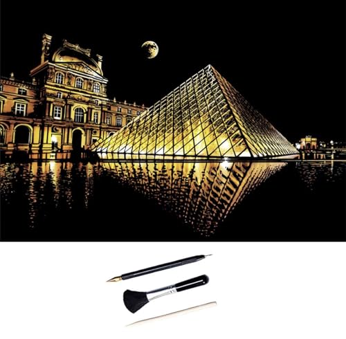 ShipeeKin Kratzbilder für Erwachsene 405 x 285mm A3 Sehenswürdigkeiten Wandbild, Beschichtete Bunte Kratzpapier mit Werkzeug Set (Louvre)