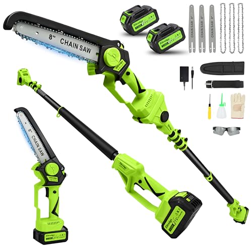 8“ Electric Pole Saws for Tree Trimming, 2-in-1 Pole Saw Cordless & Mini Chainsaw with Extension Pole, 15FT Max Reach Pole Saw Battery Powered, Tree Trimmer Limb Branch Cutter Pruner, 2×3.0Ah Battery