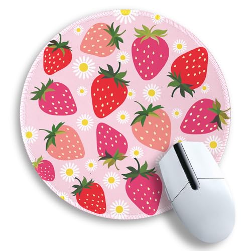Image of Gctriki Strawberry Mouse Pad, with Stitched Edge Non-Slip Rubber Base, Small Round Comfortable Computer Mousepad for Laptop Gaming Work, Pink Office Desk Accessories for Her