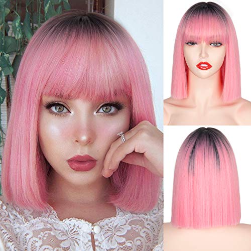 MERISIHAIR Ombre Pink Wig with Bangs for White Women, Women Short Bob Cut Wigs,Short Straight Bob Pink Bangs Wig 11inch
