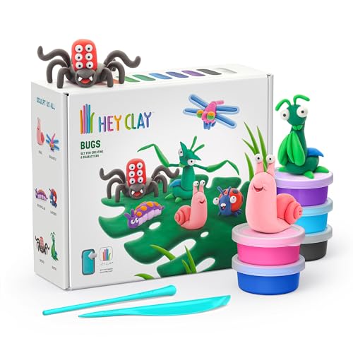 HEY CLAY Set - Colorful Modeling Air Dry Clay Kit for Kids 15 cans and Sculpting Tools with Fun Interactive Instructions App - Children 3+ (Bugs)