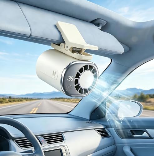 keilyht Car Clip on Cooling Fan with LED Display - 360 Rotation 199 Speeds & Semi-Cooling Technology 2000mah Rechargeable Personal Mini Fan Portable Clip on Fans for Cars Travel Camping