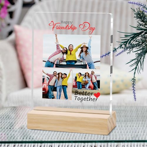 Image of Giftplease Customized Friends Plaque with Wooden Stand | Personalized Photo Frame with Quote | Best Friend Birthday Gift, Farewell Gift, Friendship Day Gift for BFF Keepsake Room Decor FR 10