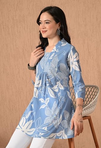 Image of Amazon Brand - Tavasya Women Ethnic Printed V-Neck Cotton Short A-line Kurta | Stylish Casual Everyday Office Top | 3 /4th Sleeve | Regular Fit
