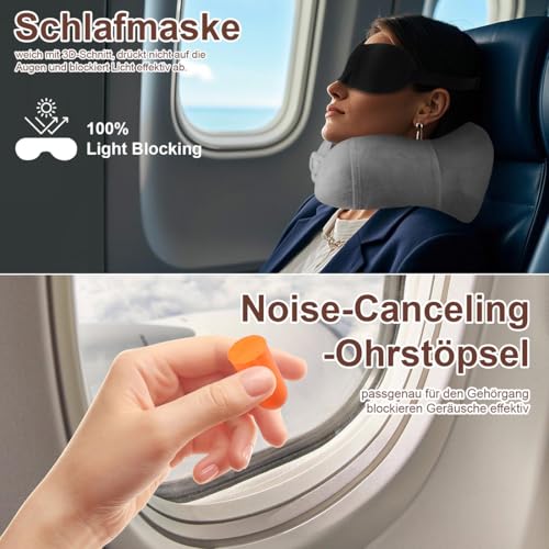 Nexellent Nackenkissen Flugzeug, Reisekissen, Hochwertiges Memory Foam Nackenkissen für Flugzeug und Auto – Vollständiges Set mit Schlafmaske, Ohrstöpseln und Tragetasche. (Grau)