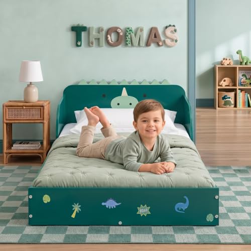 Delta Children Dino Wood Floor Toddler Bed with Reusable Stickers Green