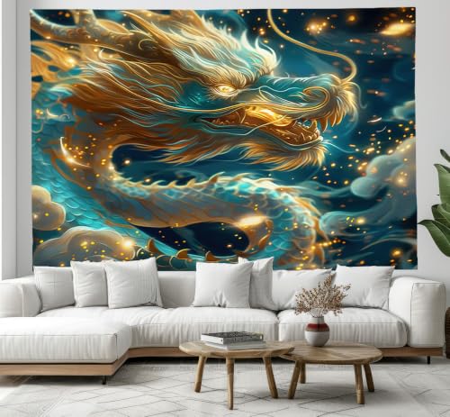 Tapiz de pared del dragón oriental SMBHIAON, paño decorativo cian de 150 x 150 cm 2