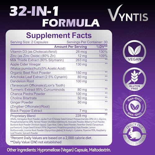 32-in-1 liver cleanse detox amp repair - liver support supplement with milk thistle artichoke extract dandelion root amp beetroot powder for liver health - 1250mg per serving 60 capsules