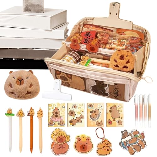 Laimejia Capybara - Estuche para lápices, juego de papelería Capybara con 9 compartimentos, estuche multifuncional de gran capacidad con cremallera, juego de papelería grande estético para suministros