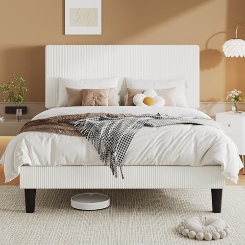 Image of Allewie Queen Bed Frame, Corduroy Tufted Headboard, White | Soft Corduroy Fabric, Adjustable Headboard, 900 lb Capacity, Wooden Slats, No Box Spring Needed, Easy Assembly