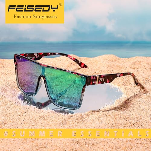 Image of FEISEDY Sunglasses for Women Men, Fashion Mirrored Single Lens Shades | 80s Rave Neon Oversized Sun Glasses, Driving Beach UV400 Sunnies B2996