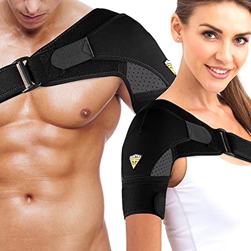 Shoulder Brace for Women & Men | Support for Torn Rotator Cuff & Other Shoulder Injury – Ac Joint, Dislocated, Separated, Frozen Shoulder | Neoprene Compression Wrap | by FIGHTECH (BLK, S-M)
