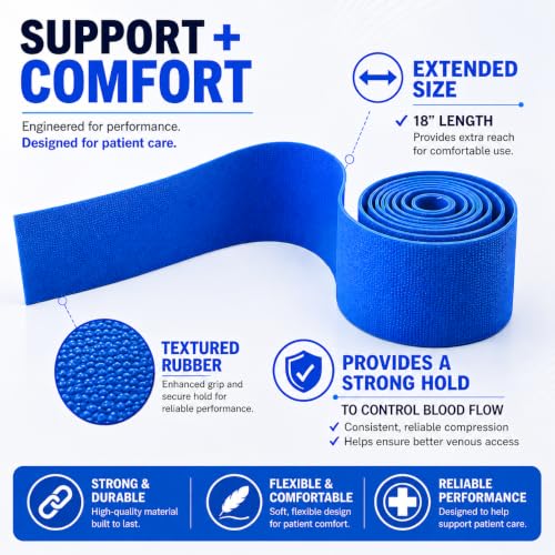 Image of Vakly Disposable Tourniquet 1 inch x 18 inch [Pack of 25] Blue - Rolled & Banded Single-Use Elastic Latex-Free Tear-Resistant First Aid Tourniquets for Emergency & Home Use - Nursing Supplies