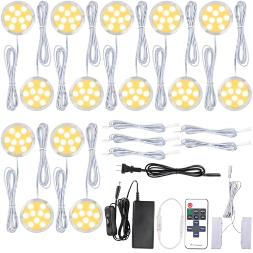 Meigour Under Cabinet LED Puck Lights Kit, Curio Display Lighting, Parallel Connection, 120VAC Wall Plug & Hard Wire, Remote Control Dimmable, Warm White, 14 Lights