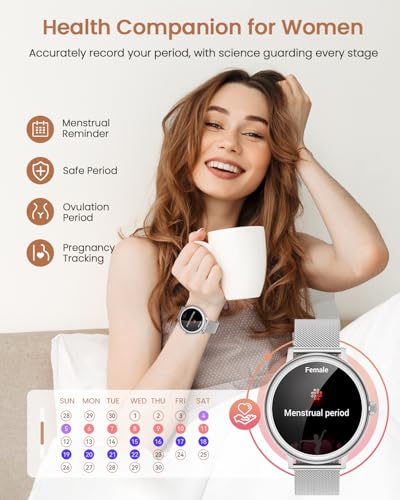 RUXINGX Reloj Inteligente Mujer, Redondo Elegante 1.19" AMOLED Pantalla Táctil, Smartwatch con Llamadas Función Femenina 120+ Deportes Pulsómetro SpO2 Sueño Podómetro Android iOS Regalo Navidad Plata - imagen 4