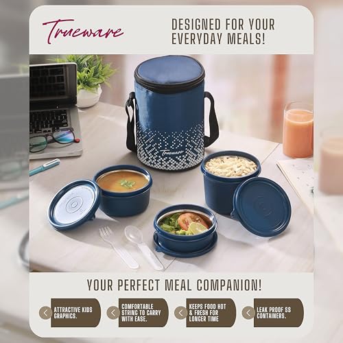 Image of Trueware Omaga Lunch Box with Insulated Fabric Jacket, 3 Microwave Safe & Leak Proof Inner Stainless Steel Containers (1 x 200ml, 1 X 400ml & 1 X 500ml) Tiffin for Office, College