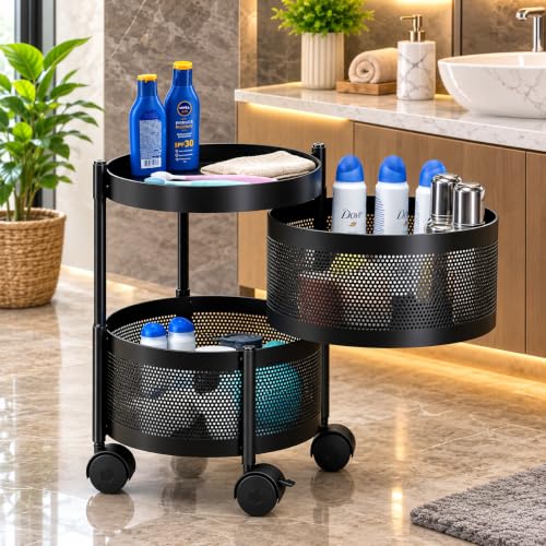 Image of MARKWELL Round Rotatable Kitchen Trolley with Wheels | Vegetable Fruit Onion Storage Rack | Multipurpose Metal Kitchen Organizer Stand | Matt Black (Round - 2 Layer)
