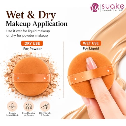 Image of SUAKE Makeup Powder Puff Set, 7PCS Soft Velvet Face Powder Puffs for Foundation, Loose Powder, Compact & BB Cream, Reusable Washable Cosmetic Applicators with Finger Strap