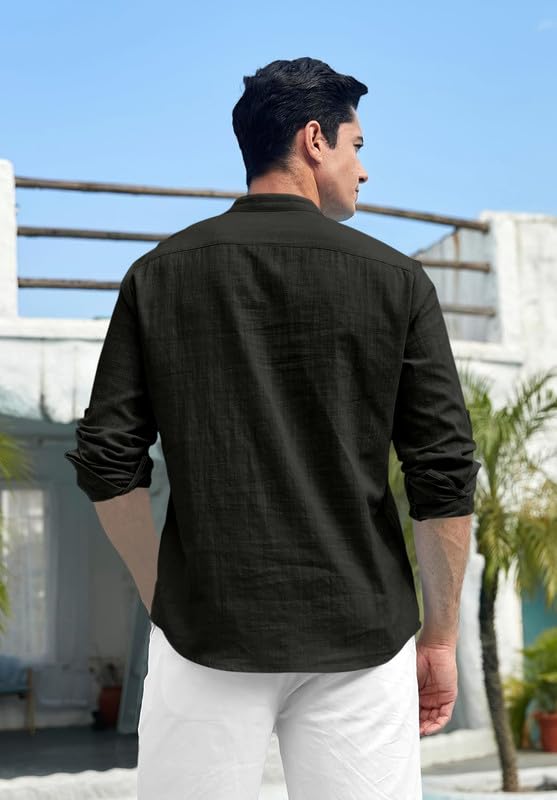 Image of ROYALSCOUT Men's Cotton Blend Solid Short Kurta with Band Collar and Half Button Front | Full Sleeve Relaxed Fit Traditional Top for Everyday and Occasion Wear