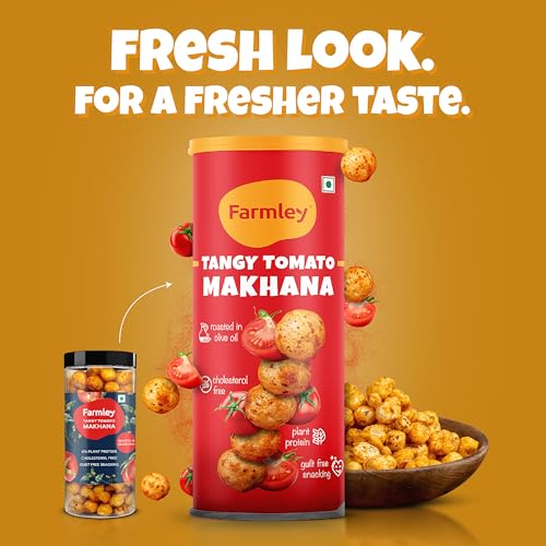 Image of Farmley Roasted Makhana, Tangy Tomato Flavor | 77g Each | Healthy Snack Roasted in Olive Oil | Guilt-Free & Crunchy Munchies | Pack of 2