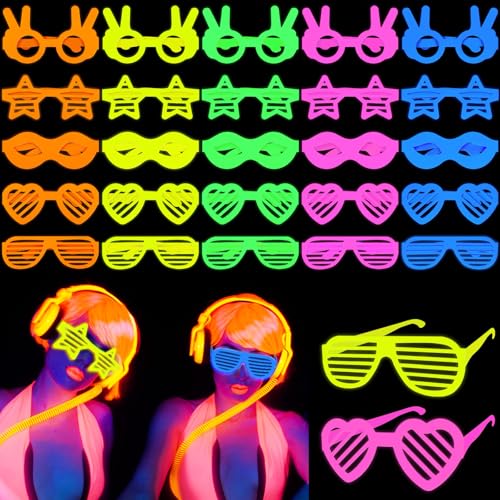 Hungdao 25 Pcs UV Neon Black Light Reactive Glow in the Dark Paper Glasses, 5 Color Glow Glasses Neon Party Supplies for Fluorescent Birthday Decor, Dance Floor, Holiday Events