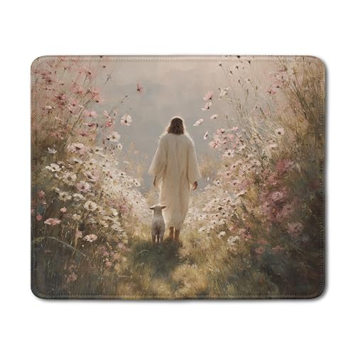 DOFQZ Christian Jesus with Lamb Flower Mouse Pad, Christian Jesus Gifts Mouse Pads Mousepad for Desk Office Computers Laptop, Religious Office Supplies Desk Accessories, 9.5x7.9 Inch