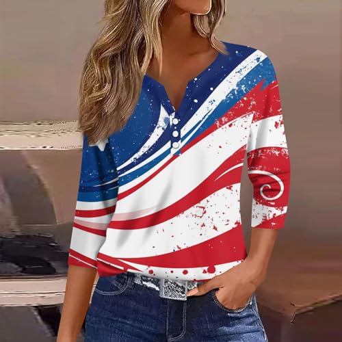 Image of 4th of July Shirts Women 3 /4 Length Sleeve Womens Tops Henley Neck Casual Patriotic T Shirts