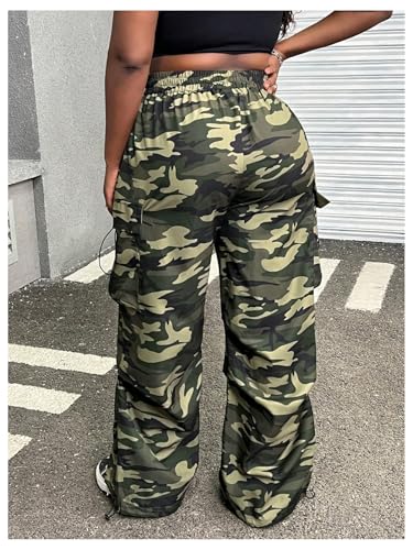 OYOANGLE Women's Plus Size Camo Cargo Pants Y2K Elastic Drawstring Waist Camouflage Wide Leg Trousers3