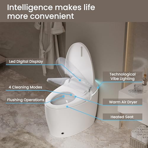 Inodoro inteligente con bidé integrado, inodoro inteligente alargado sin tanque, descarga automática, agua tibia y secador, asiento calefactado de cierre suave, pantalla digital, distancia de instalación de 12 pulgadas miniatura 3