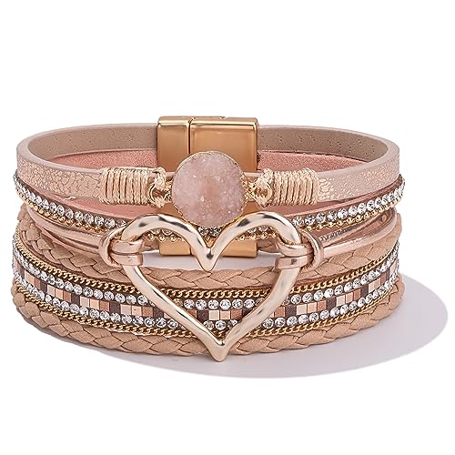 FANCY SHINY Heart Leather Wrap Bracelets Stackable Boho Cuff Bangles Trendy Resin Stone Rhinestone Bracelets with Magnetic Clasp for Women Mother Gift Jewelry