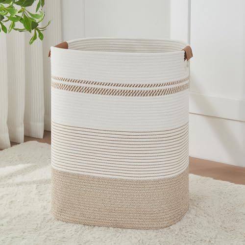 AINUOQI Laundry Basket with Handles - Blanket Basket & Hampers for Bedroom Aesthetic, Laundry Hamper & Blanket Storage for Living Room, Clothes Hamper, Tall, Large 17" x 14" x 22”, Light Brown & White