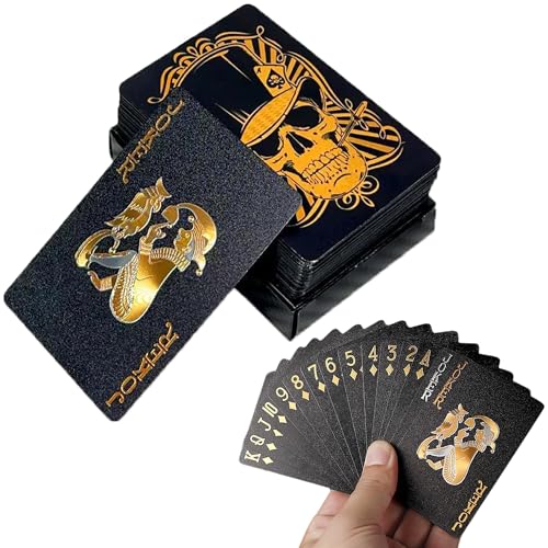 Karten Poker Kartenspiel Pokerkarten Kartendeck - Schwarz und Gold, 1 Deck, Abmessungen 5,7 X 8,7 cm, Totenkopf Spielkarten PET Kunststoff Spielkarten, Wasserdicht Strapazierfähig