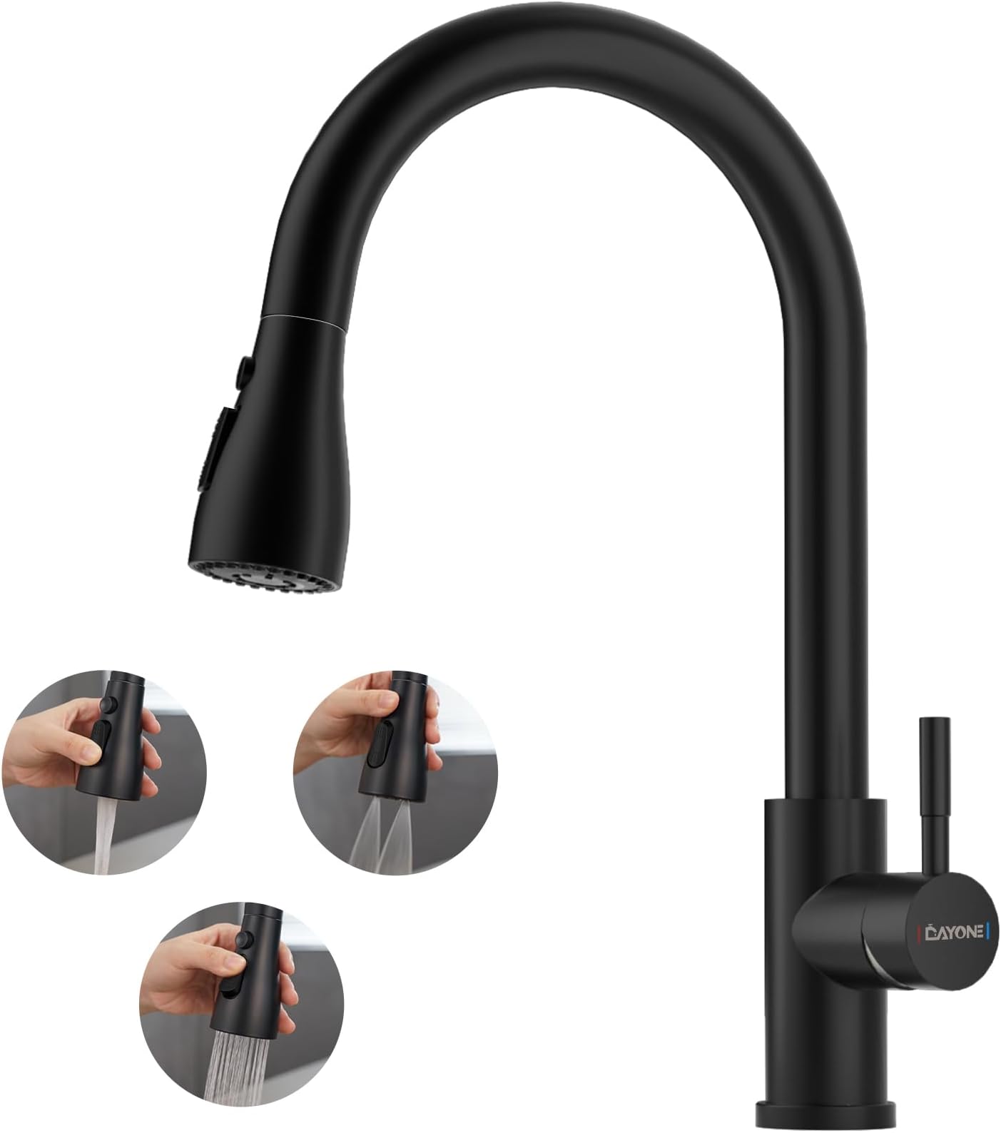 Matte Black Kitchen Faucet with 3-Modes, High Arc Kitchen Sink Mixer Tap with Pull Down Sprayer, 1 Hole Stainless Steel Kitchen Sink Faucet, 0012MB