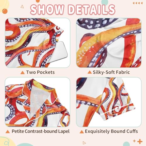 senya Watercolor Octopus Tentacles Satin Summer Pajama Sets Silk Short Sleeve Button Down Sleepwear3