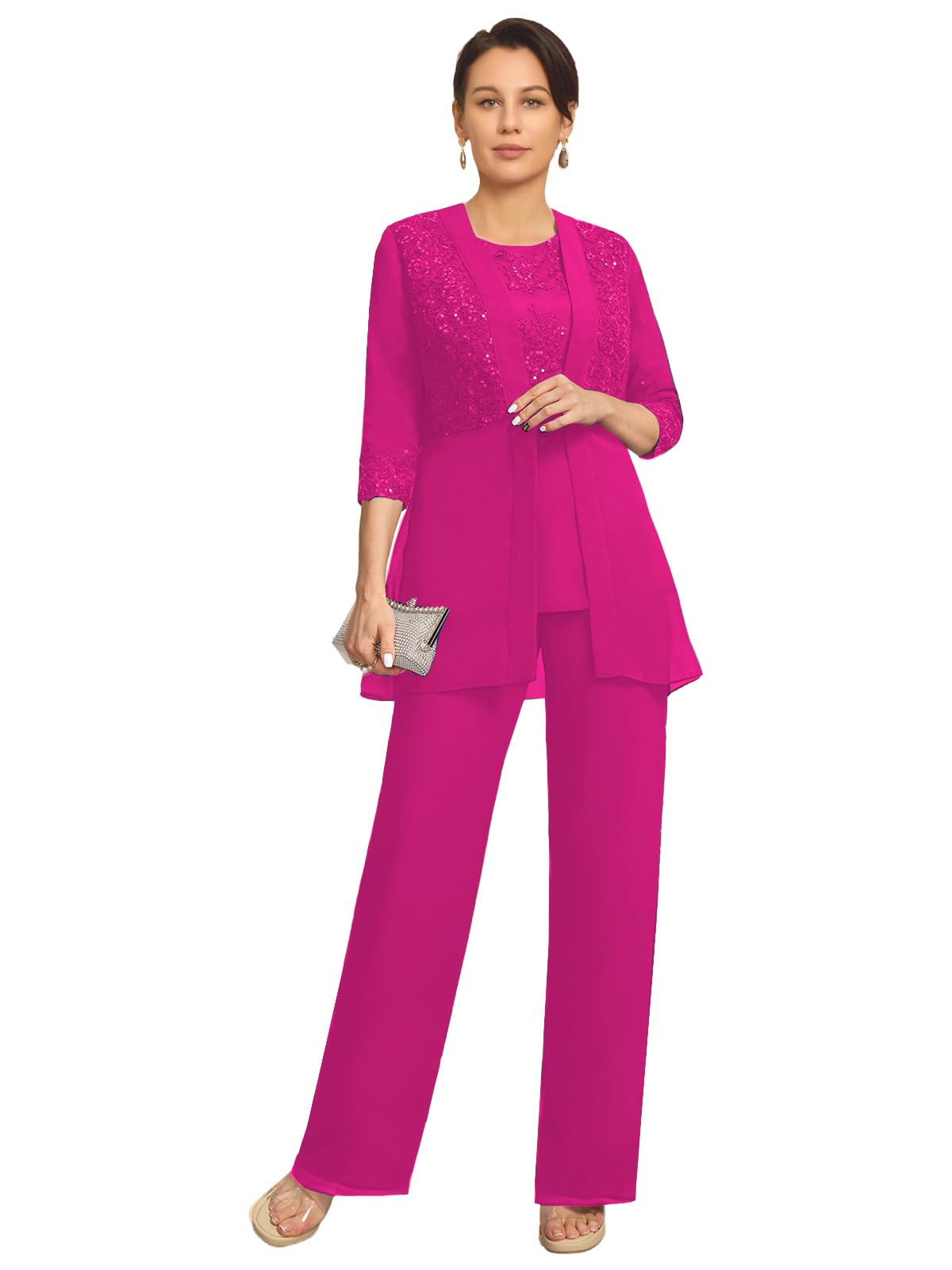 Mother of The Bride Pantsuits with Jacket Laces Sequin Grandmother of Bride Pant Suits with Sleeves for Women