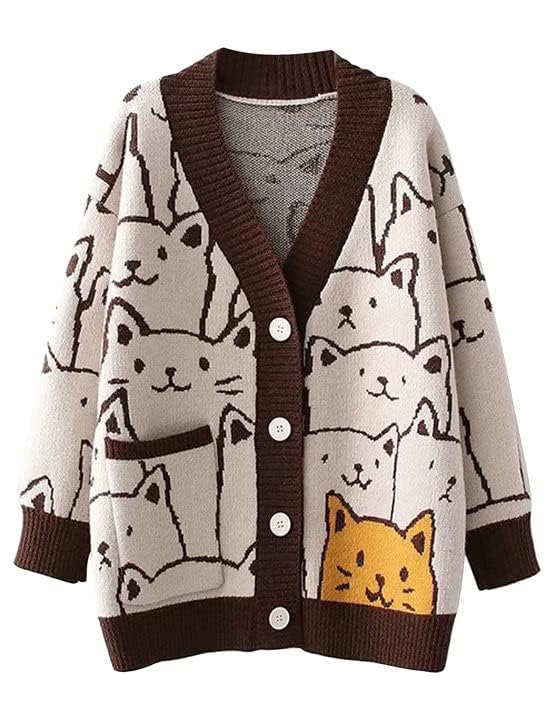 VDWIP Women Cardigan Sweater Cartoon V Neck Button Down Open Front Cat Print Knit Cardigan Vintage Sweater Outwear (Brown-Medium New1)