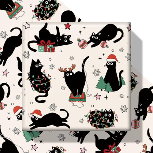 NeoJoy Cat Christmas Wrapping Paper Cute Birthday Gift Wrap Black Thick Holiday Xmas 17x29.5 10 Sheets in A Roll