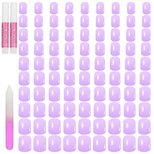 100PCS Professional Glossy Press on Nails Short Square Fake Nails Acrylic Artificial Nails for Women Full Cover Purple False Nails with Glue for DIY Nails Art (Purple)