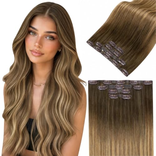 Image of LaaVoo Seamless Clip in Hair Extensions Human Hair Balayage Brown Seamless Hair Extensions Clip in Balayage Brown Mix Golden Blonde Clip ins Hair Extension Soft Straight 18Inch 4pcs 90g