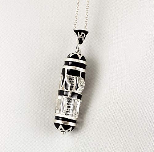 Jewish Jewelry, Lion Of Judah, 925 Sterling Silver Mezuzah Necklace, Black Enamel Judaica Pendant With Hebrew Scroll #TOP7