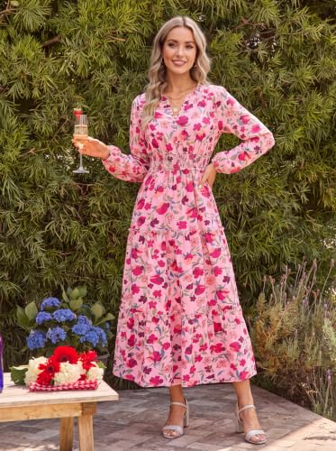 Image of GRACE KARIN Women's Floral Maxi Dress 2026 Fall Long Sleeve V Neck Empire Waist A Line Flowy Dress with Pocket