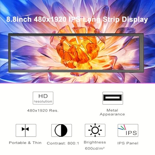 Image of 8.8-inch Touchscreen Bar Display, 1920x480, Metal Shell IPS Portable Touch Monitor with USB-C Port. Compatible with Raspberry Pi, Laptop Aida64 Monitoring, GPU /CPU Stats, and PC Case Mini Screen