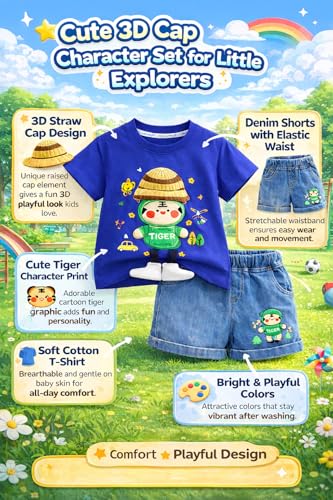 Image of Bold N Elegant Kids Half Sleeve 3D Cartoon Tiger Cotton T-Shirt with Denim Shorts Summer CLothing Set for Infant Toddler Preschool Boys n Girls | Cook Outfit For Kids