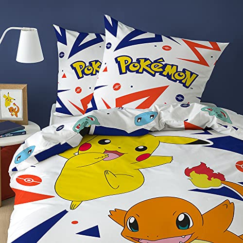 Pokemon Pika Parure de Lit Enfant 140x200 cm | 100% Coton | Oeko-TEX | Housse de Couette 1 Personne 140x200 cm + 1 Taie d'oreiller 63x63 cm Imprimées Réversibles | Blanc, Bleu