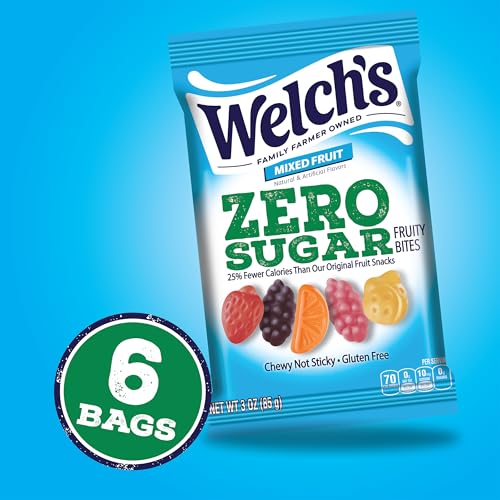 Welch's Zero Sugar Fruity Bites, Mixed Fruit Snack Box, Gluten Free & Sugar Free Snacks, 3oz Snack Packs (Pack of 6)