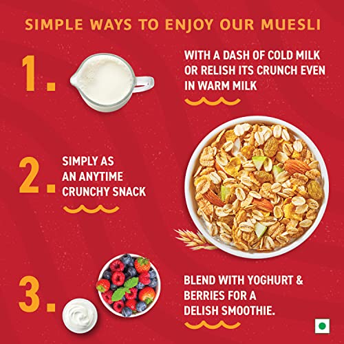 Image of Bagrry's Crunchy Muesli | 40% Fibre Rich Oats with Bran | 82% Multi Grains, Almonds, Raisins & Honey | Breakfast Cereal | Natural Muesli, 500 GM (Pack of 2)