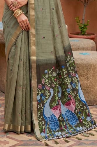 Image of SGF11 Women's Soft Cotton Linen Silk Saree With Unstitched Blouse Piece