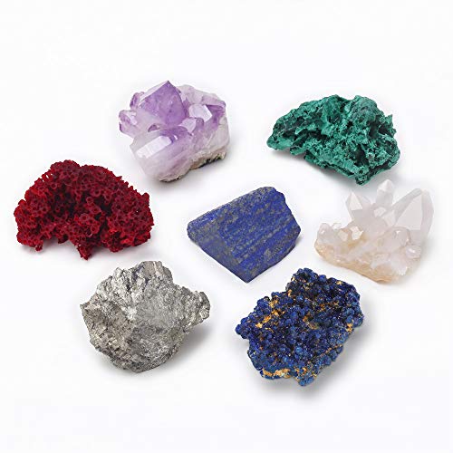 Quartz kristallen minerale collectie,7 soorten 100% natuurlijke erts stenen inclusief Crystal Druse, rood koraal, malachiet, Azuriet, Pyriet, Amethist, lapis lazuli met dennendoos (Crystal ketting gratis)